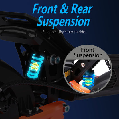 Electric scooter front and rear suspension area with visible coil springs and orange frame