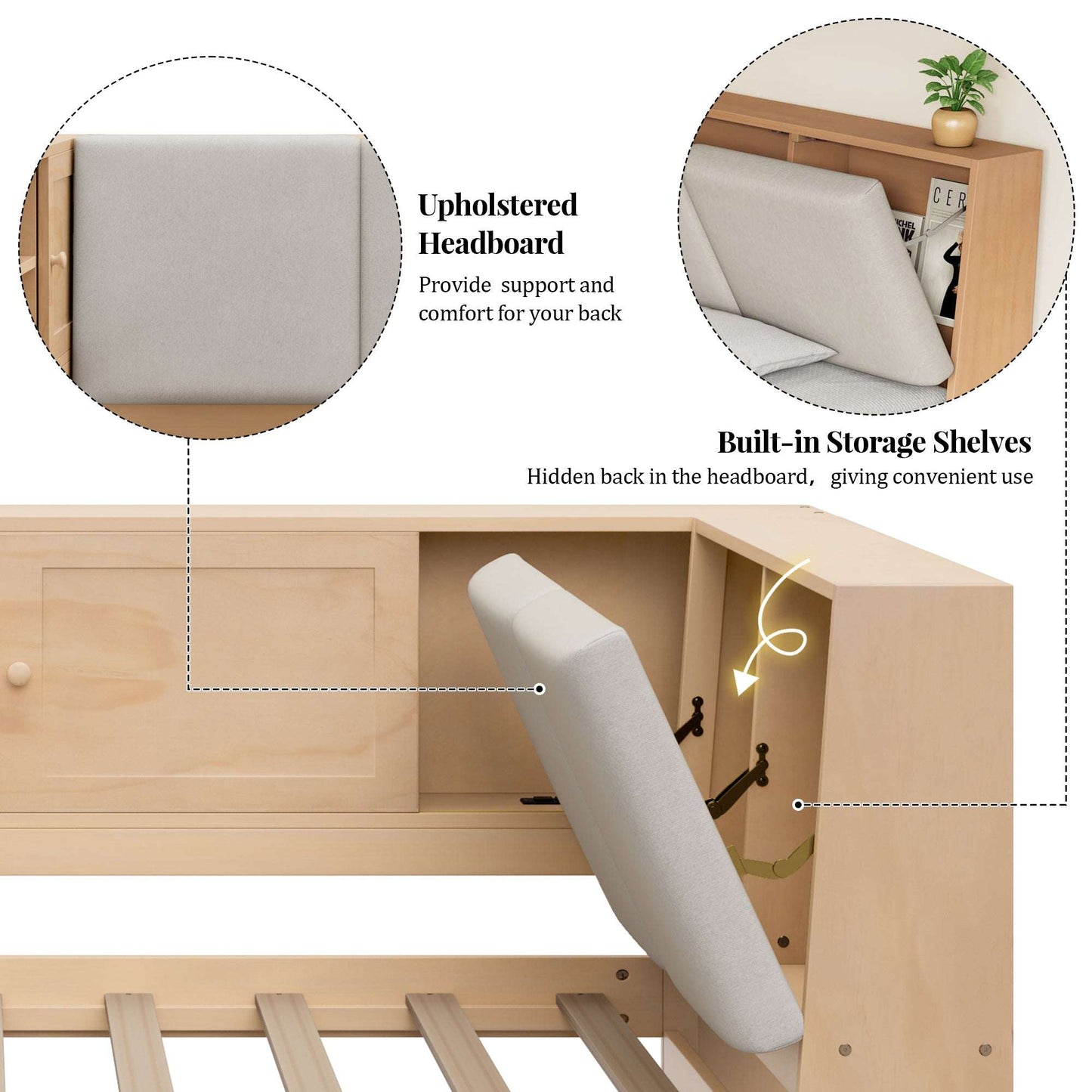 Upholstered headboard and built-in back storage shelves on natural wooden twin daybed