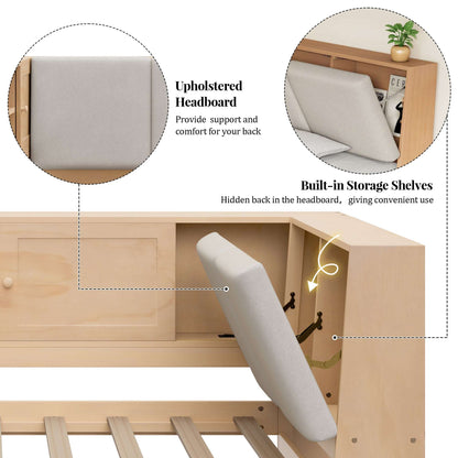 Upholstered headboard and built-in back storage shelves on natural wooden twin daybed