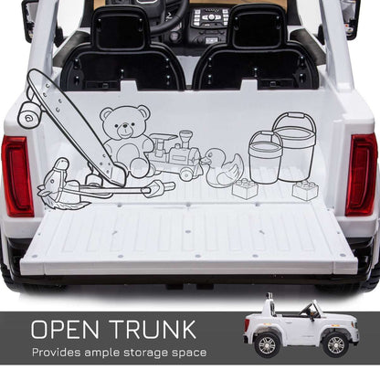 White ride-on truck with open trunk bed for storage and rear doors