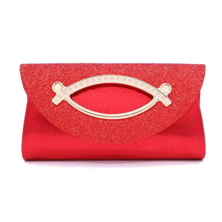 Red sequin clutch bag with gold oval clasp and snap front