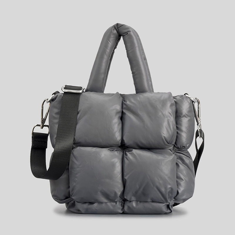 Charcoal puffer handbag with two top handles and side shoulder straps