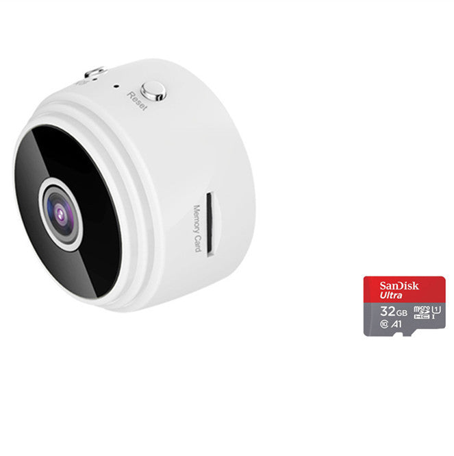 White wireless security camera with front lens and SanDisk Ultra 32GB memory card