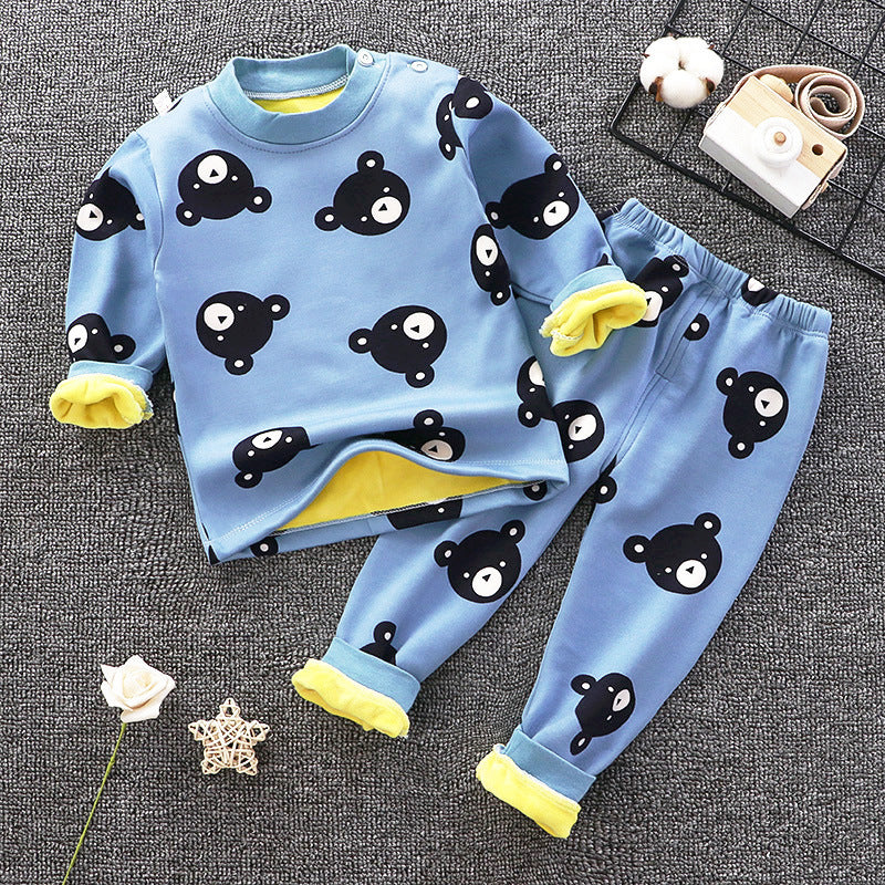 Kids thermal underwear set in light blue with panda prints, long-sleeve top and pants.