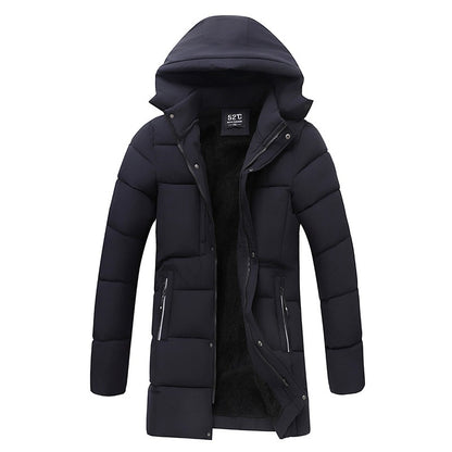 Black winter coat with a hood on a white background