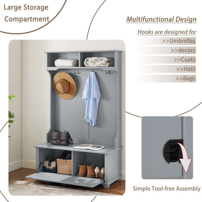 Gray hall tree with coat hooks, open shoe storage, and bench with drawer.