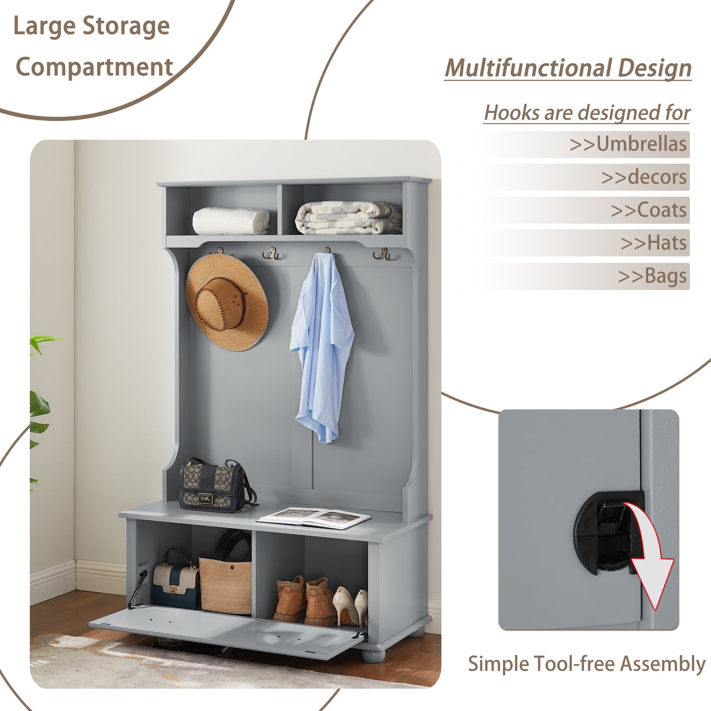 Modern Hall Tree with Shoe Bench & Coat Hooks - 40" Gray Entryway