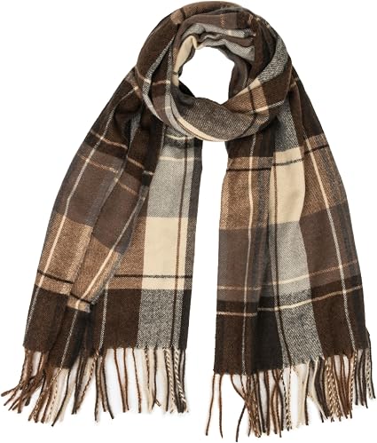 Plaid blanket-style wrap scarf with tassel fringe, dark brown and cream tones