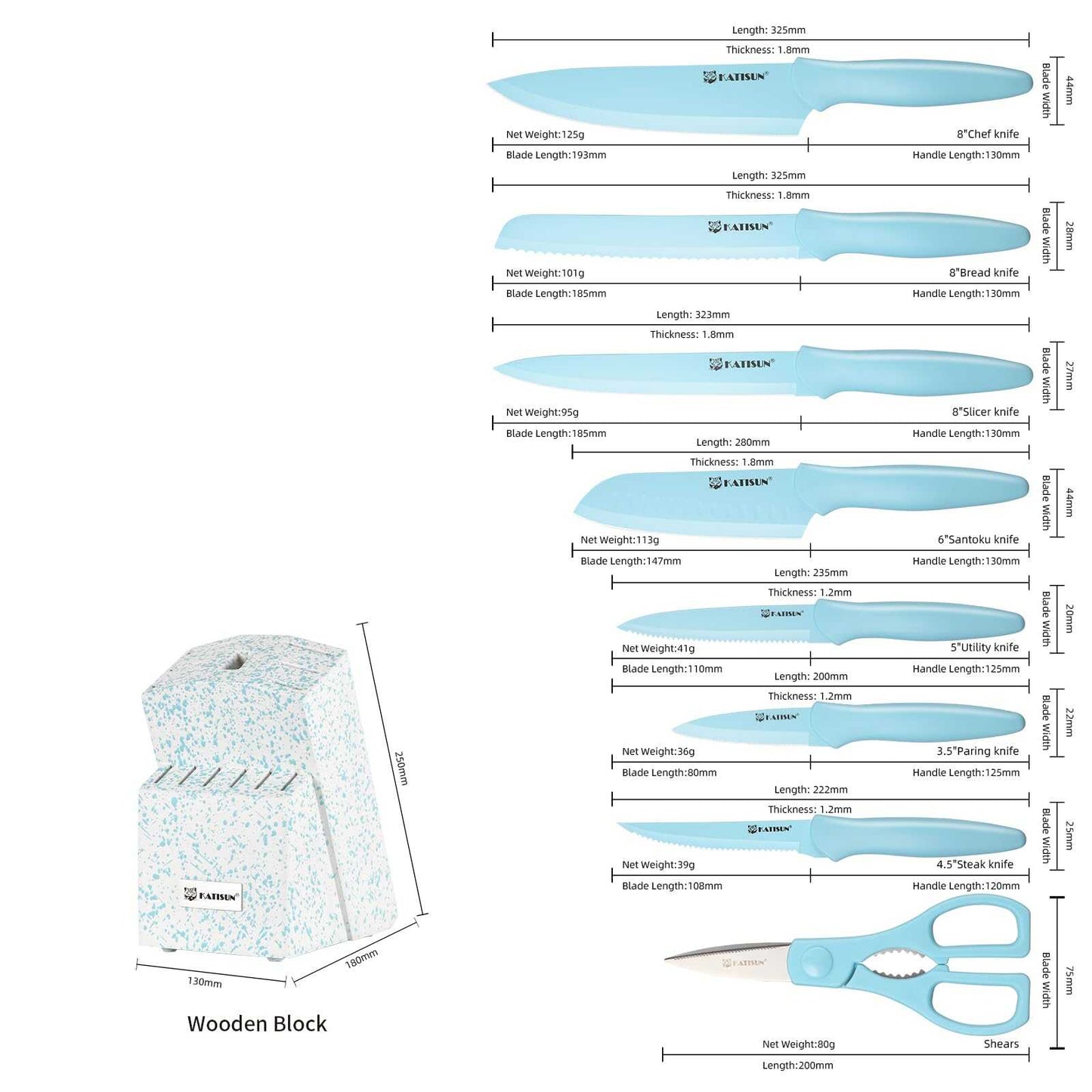 Blue kitchen knife set shown with size and weight measurement diagram