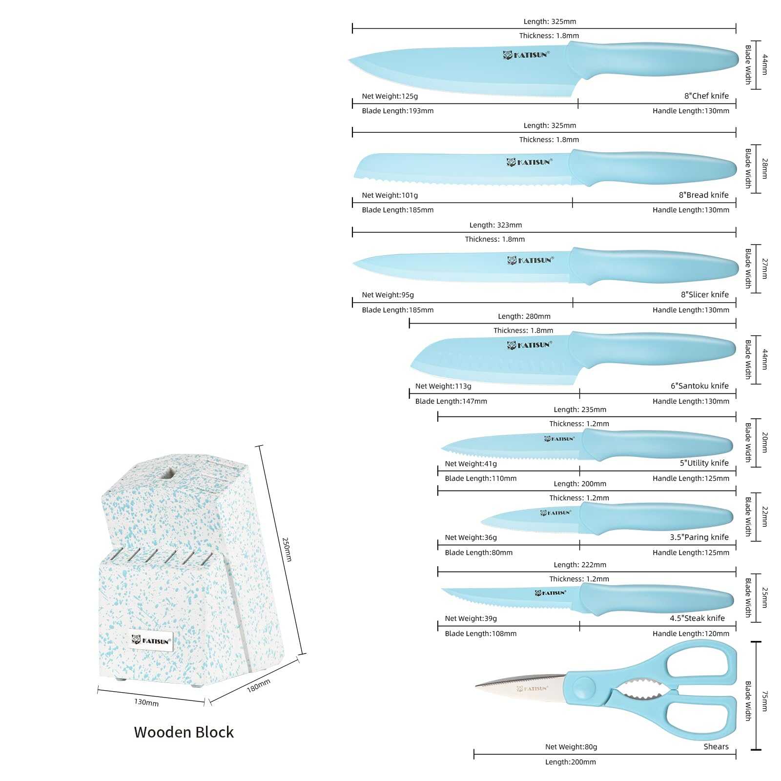 Blue kitchen knife set shown with size and weight measurement diagram