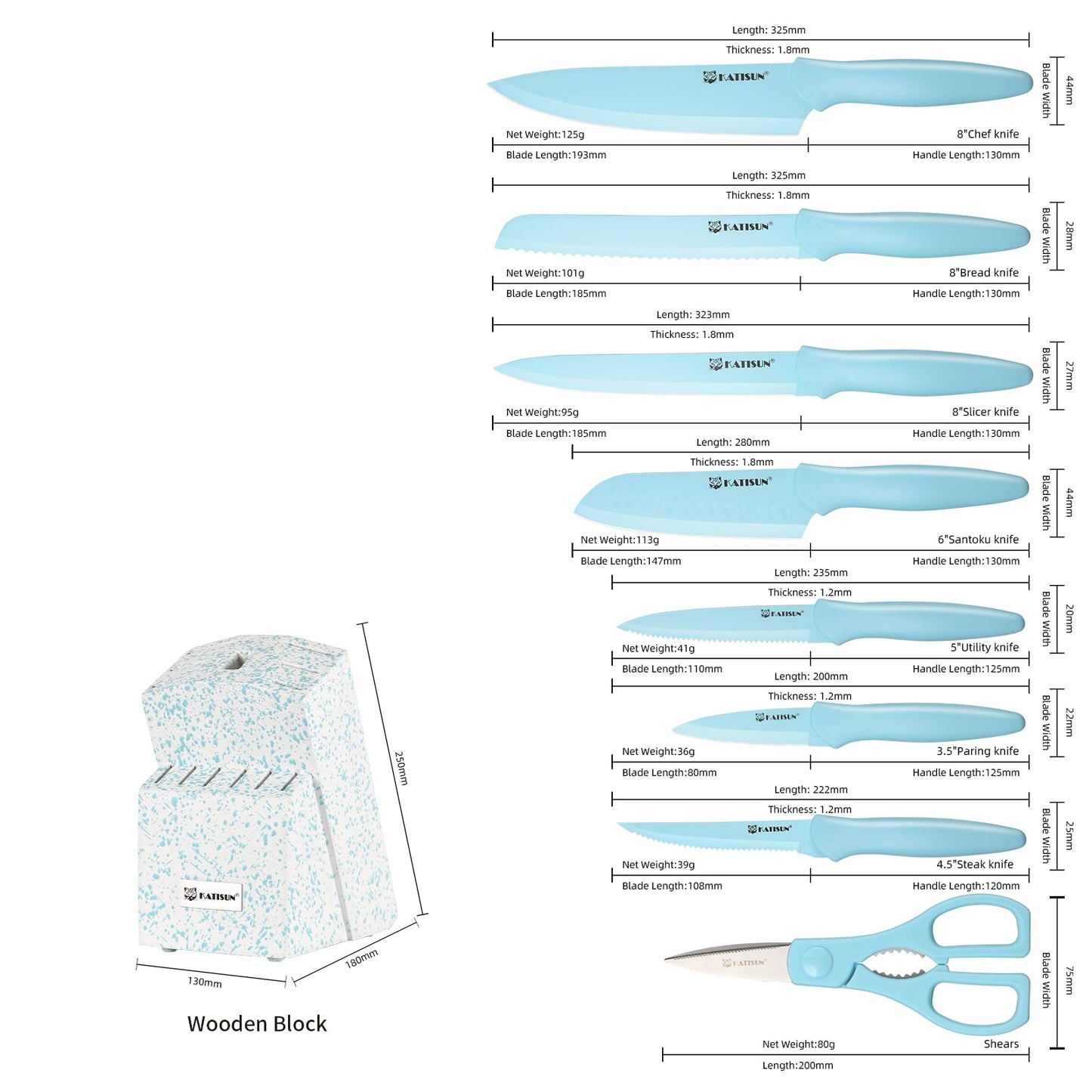 14-Piece Blue Non-Stick Kitchen Knife Set | Anti-Rust & Dishwasher Safe
