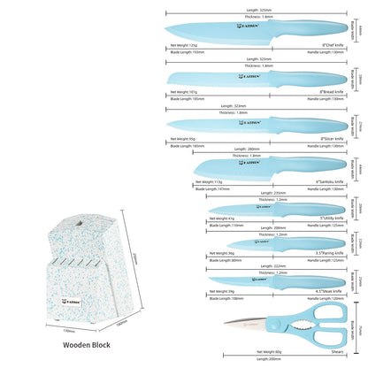 14-piece blue knife set size chart with wooden block and blade measurements