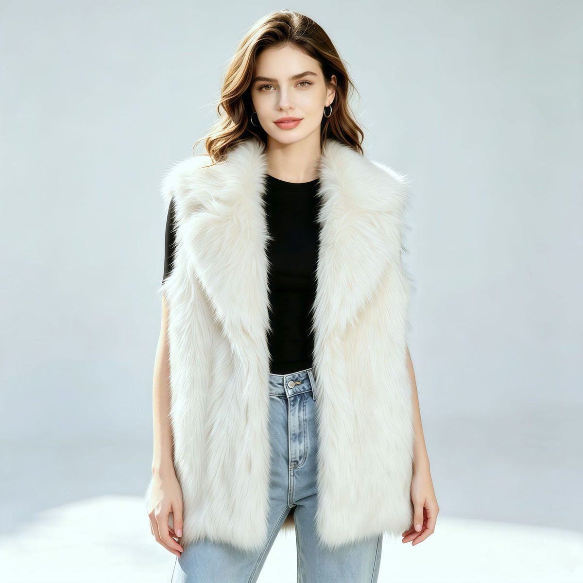 White faux fur waistcoat vest with oversized suit-collar, sleeveless