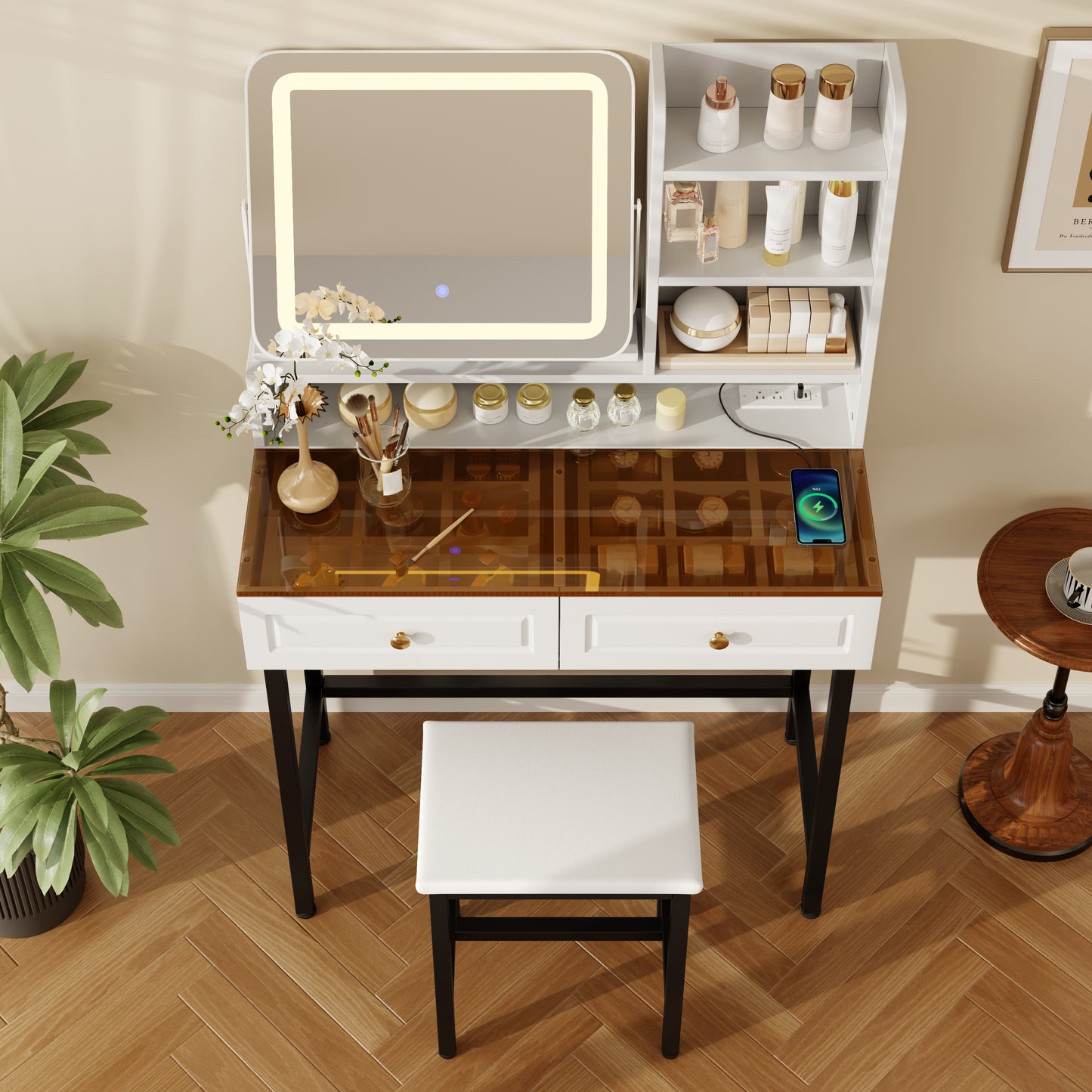 White Makeup Vanity with LED 360° Mirror, Power Outlet & Amber Glass