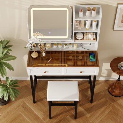 White makeup vanity with LED 360° mirror, open drawers, glass top, matching stool