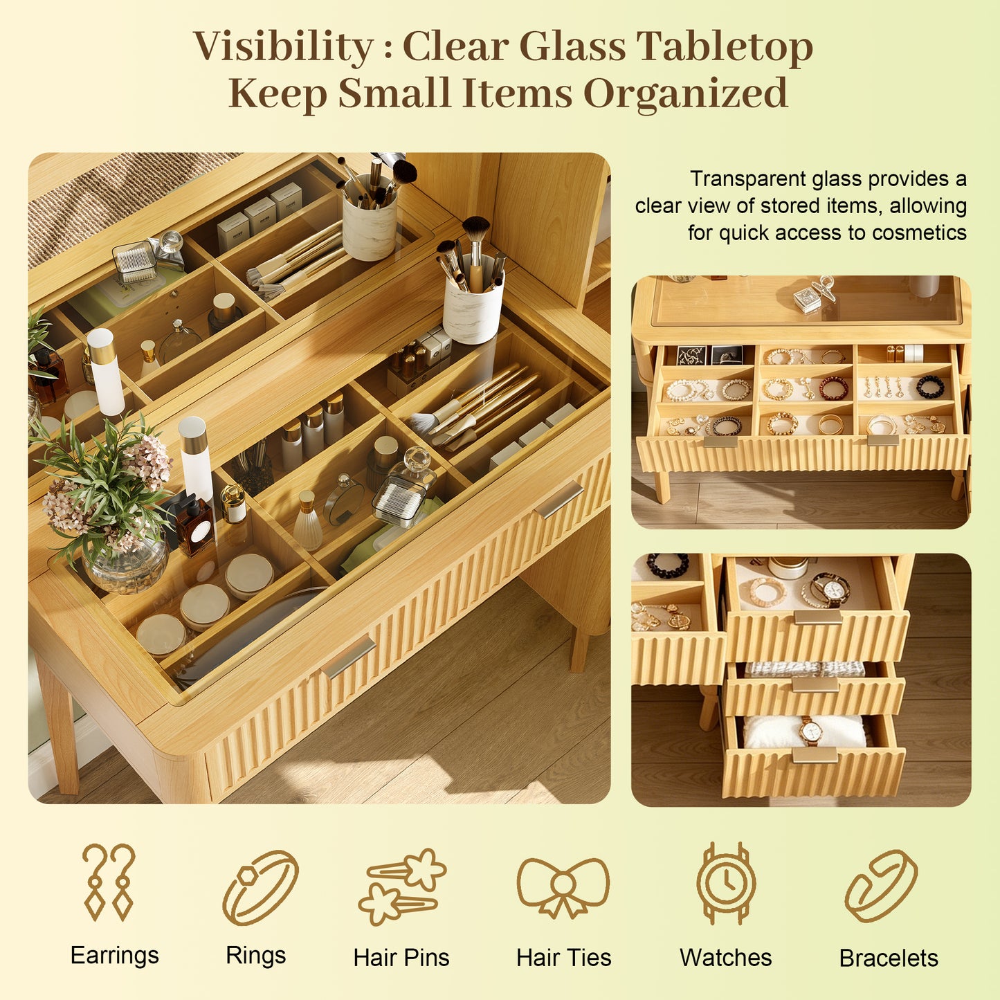 Natural Fluted Makeup Vanity with 32" Mirror & Charging Station
