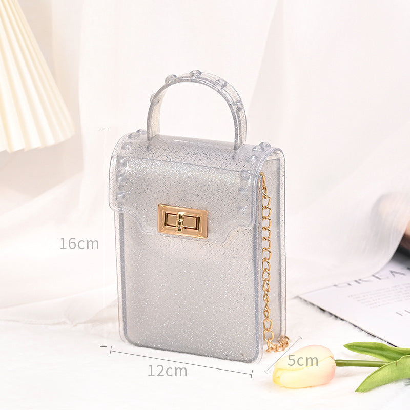 Silver glitter children's gel handbag with size 16cm x 12cm x 5cm and gold chain strap