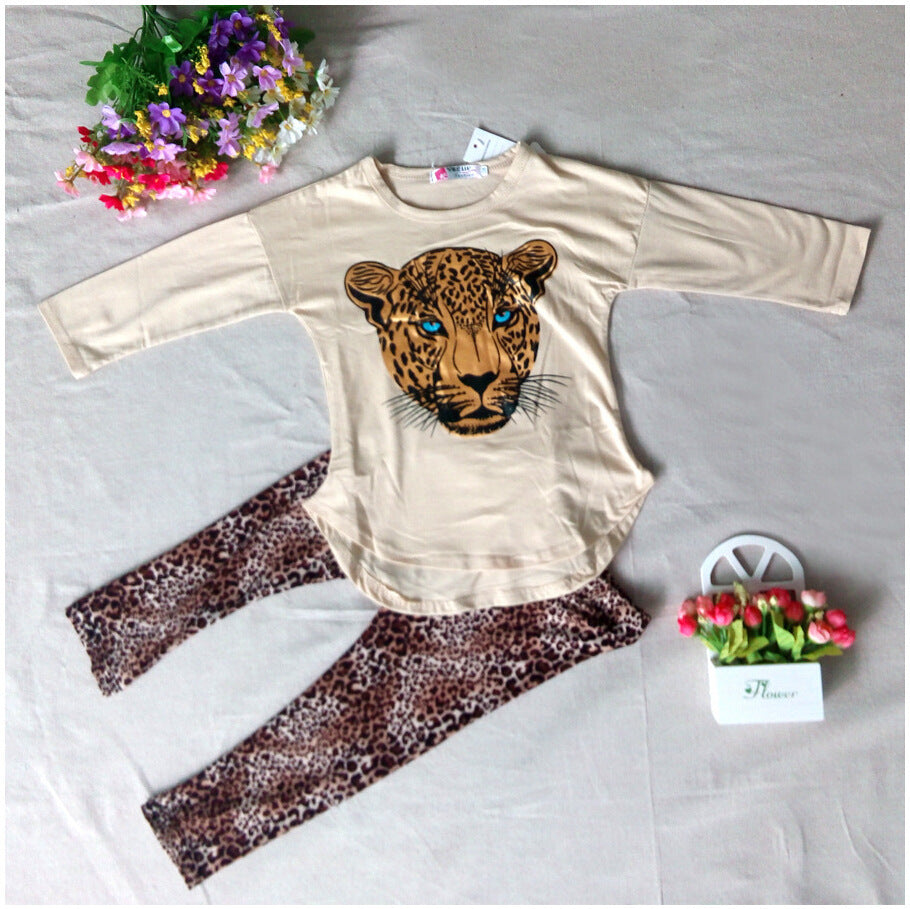 Children's clothing set: cream long-sleeve leopard graphic top with matching leopard leggings