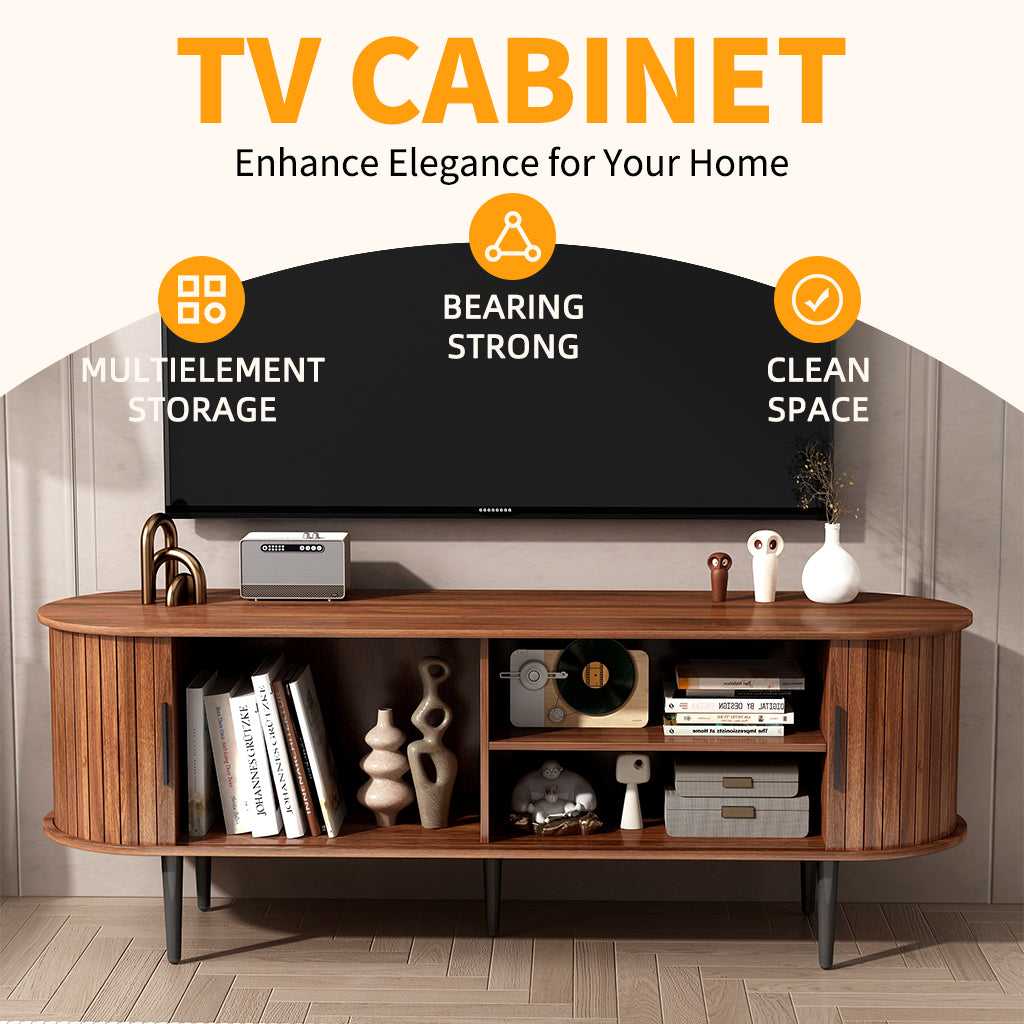 Walnut TV stand with open shelving, center compartments, and sliding door front