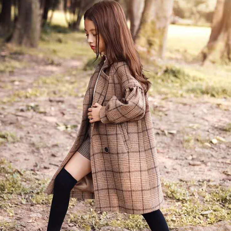 Girls' wool coat, tan plaid, button front with long sleeves and knee-length cut