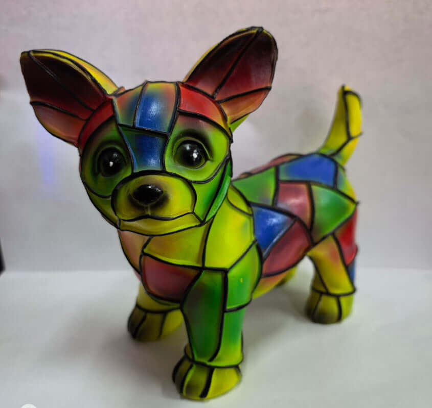 Colorful dog-shaped lamp with green and blue mosaic finish, sitting posture with raised paw