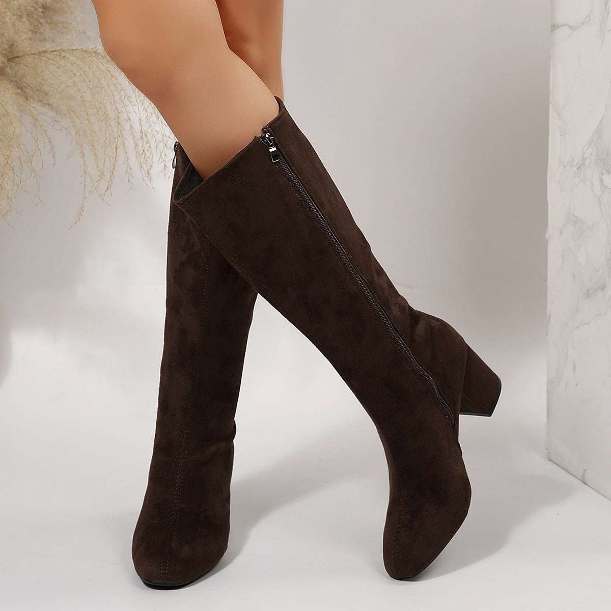 Wide Pointed Toe Long Boots - Below-the-Knee Chunky Heel Wide Pointed Toe Chunky Heel Below The K | Ectron Online