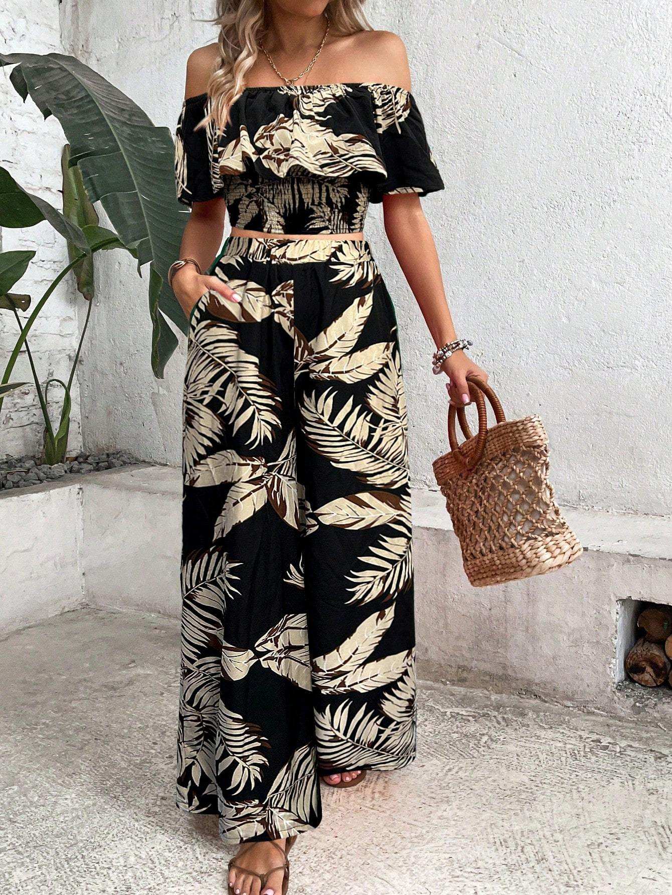 Tropical Off-Shoulder Lace Trim Top & Wide Leg Pants Set Ladies' Tropical Printed Off Shoulder To | Ectron Online