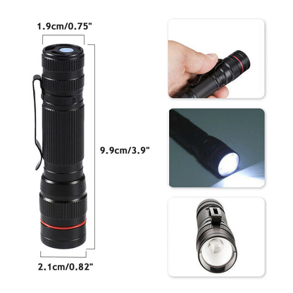 Black flashlight with knurled grip; compact size view and white beam close-up.