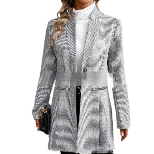 Women's Vertical Pattern Woolen Jacket | European Style Zip-Up Coat