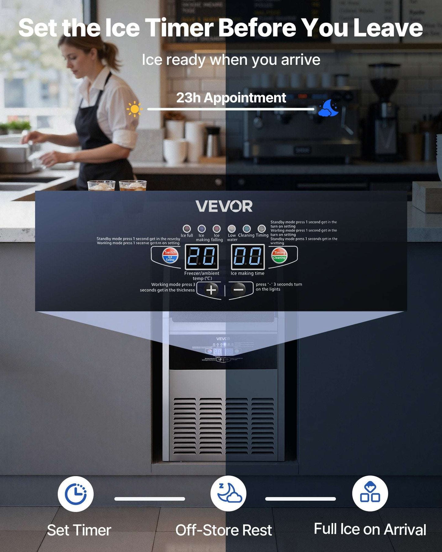 Black ice machine with digital control panel, timer display, and front vented grille