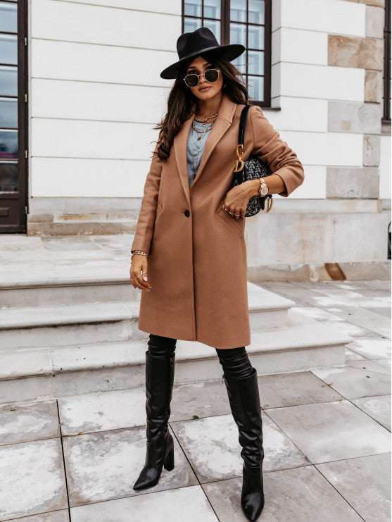 Stylish Mid Length Wool Coat - Solid Color Outerwear & Jackets | Ectron Online