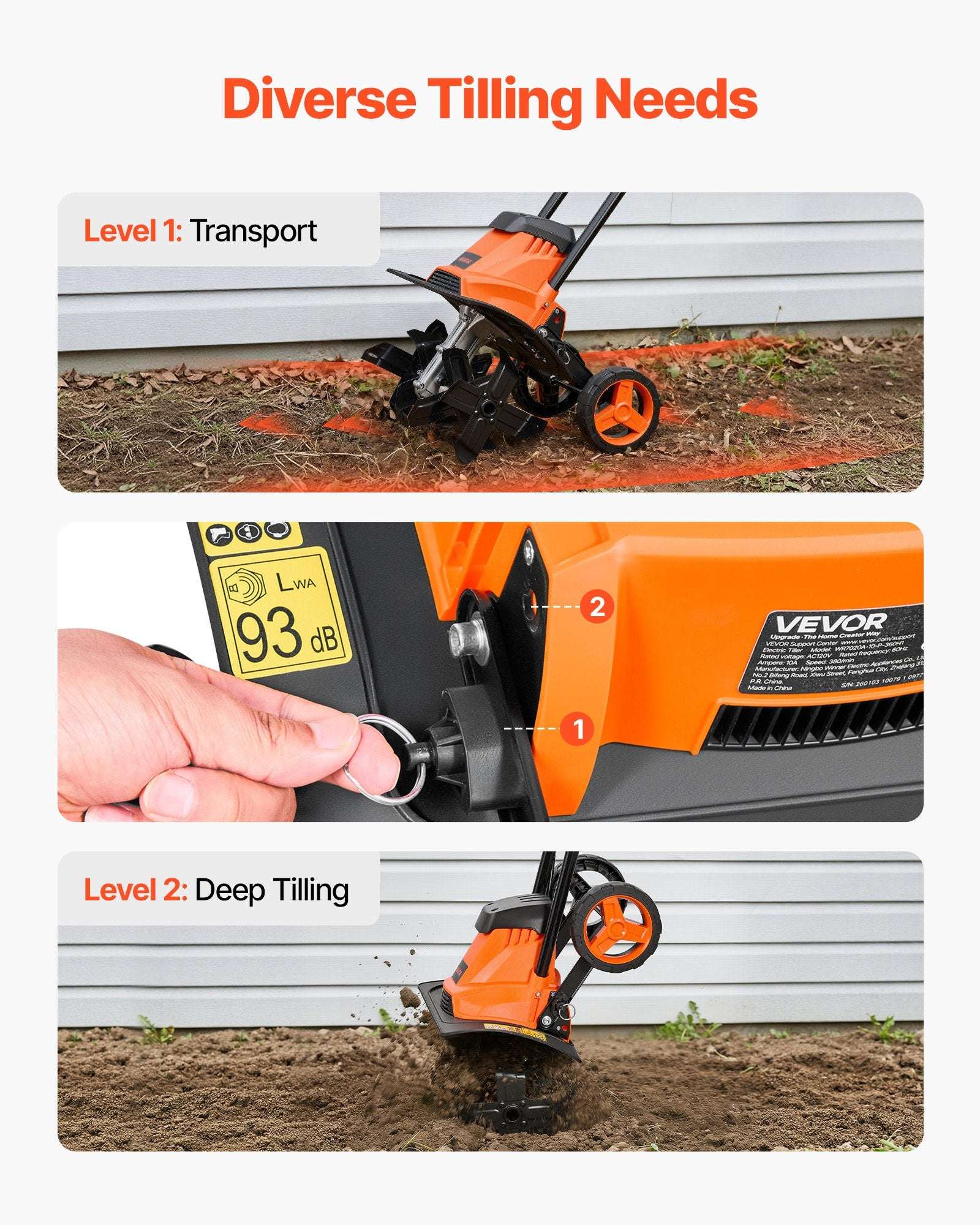 Orange electric rototiller with front blades engaged and handle control knob shown