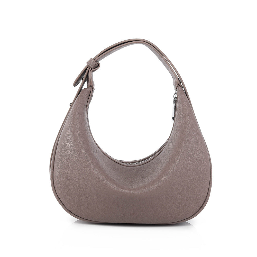 Taupe hobo bag with curved open top and short handles