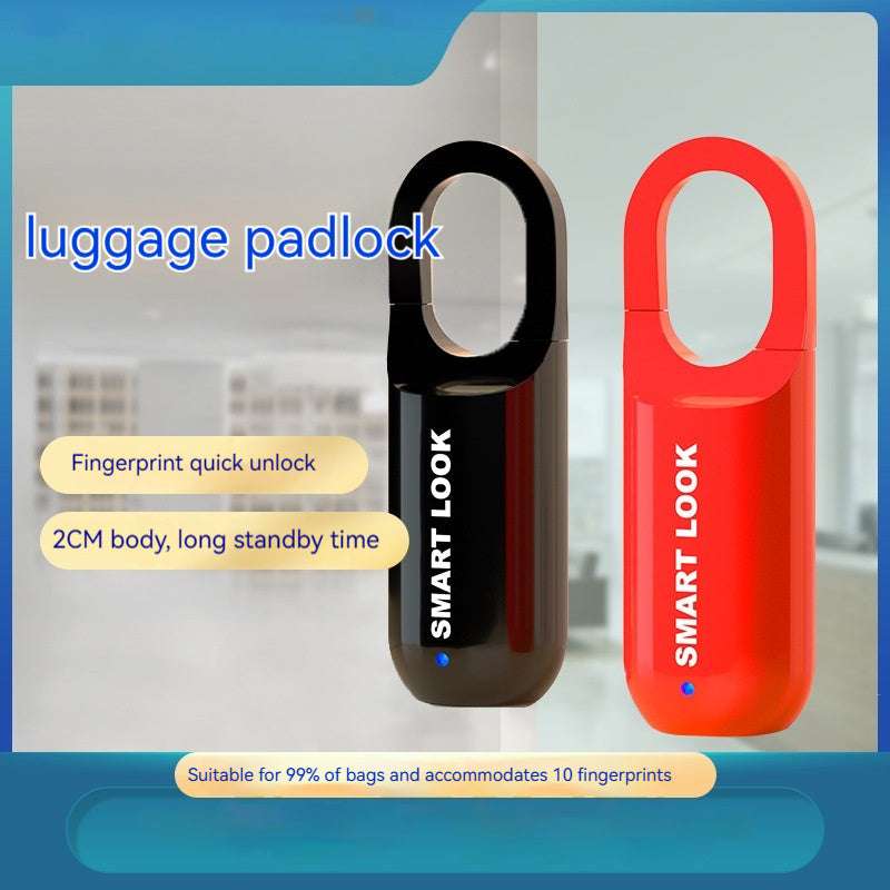 Two luggage locks, one black and one red, with 'Smart Look' branding on a blurred indoor background.