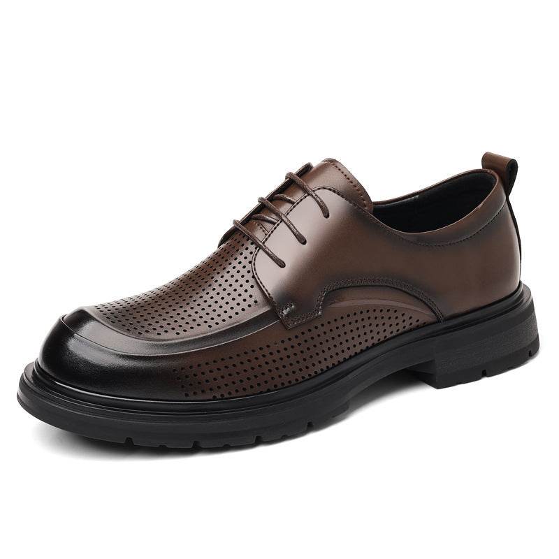 Men's brown leather lace-up business shoe, perforated toe and black-lug sole