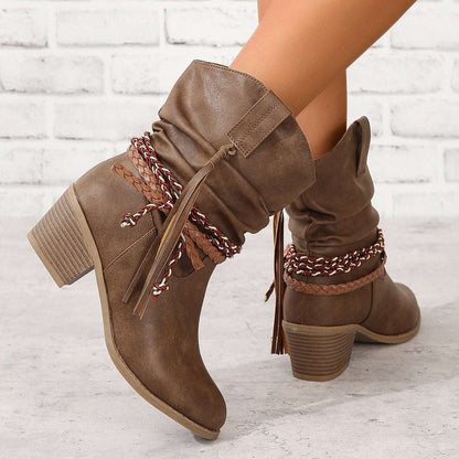 Retro Tassel Boots Winter Thick Square Heel Mid-calf Knight Retro Tassel Boots Winter Thick Square H | Ectron Online