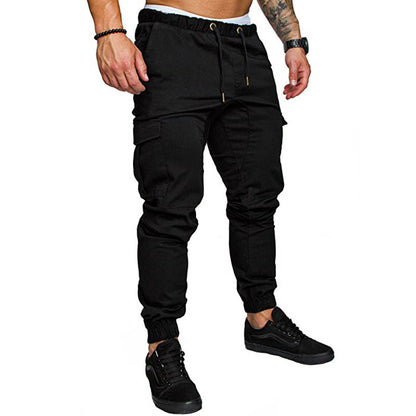 Men's black cargo jogger pants with drawstring waist and cargo side pockets