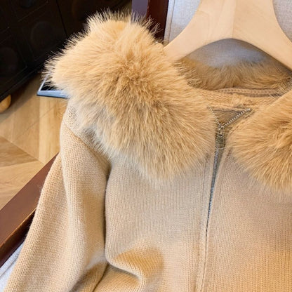 Women's Double Zipper Knit Cardigan | Fur Collar Hooded Sweater Double Zipper Fur Collar Stitching Desig | Ectron Online