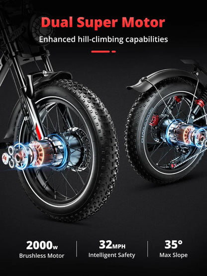 Fat-tire e-bike wheels with dual blue motor hubs and red suspension details