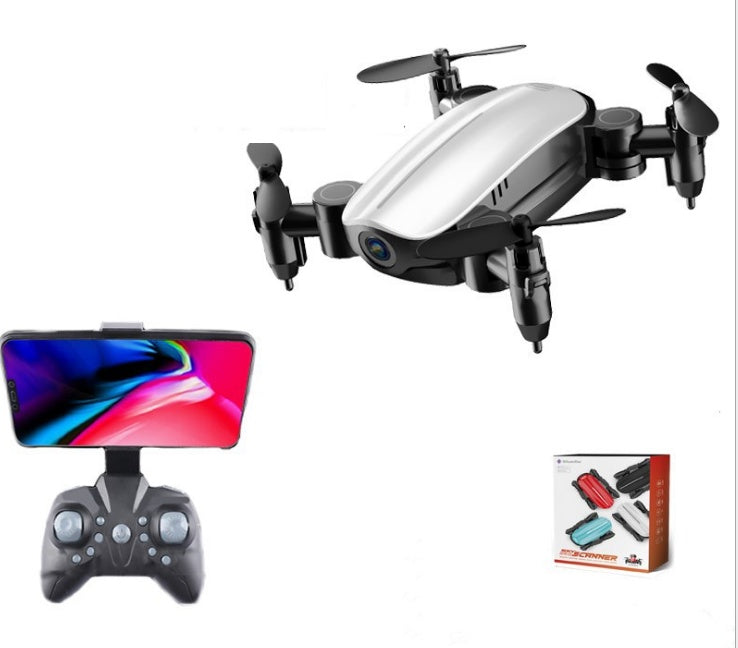White mini foldable quadcopter drone with camera and black remote controller