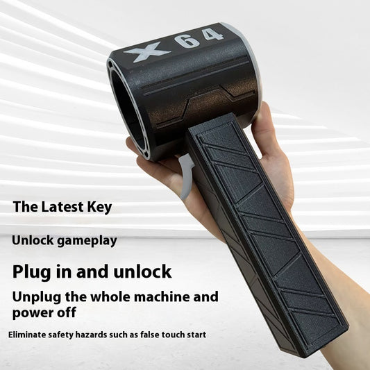 Black handheld device with 'X 64' branding held by a hand against a white background.