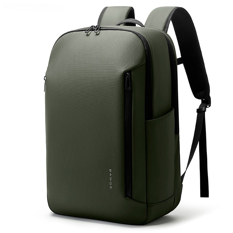 Green backpack with textured front panel, top handle, and adjustable shoulder straps