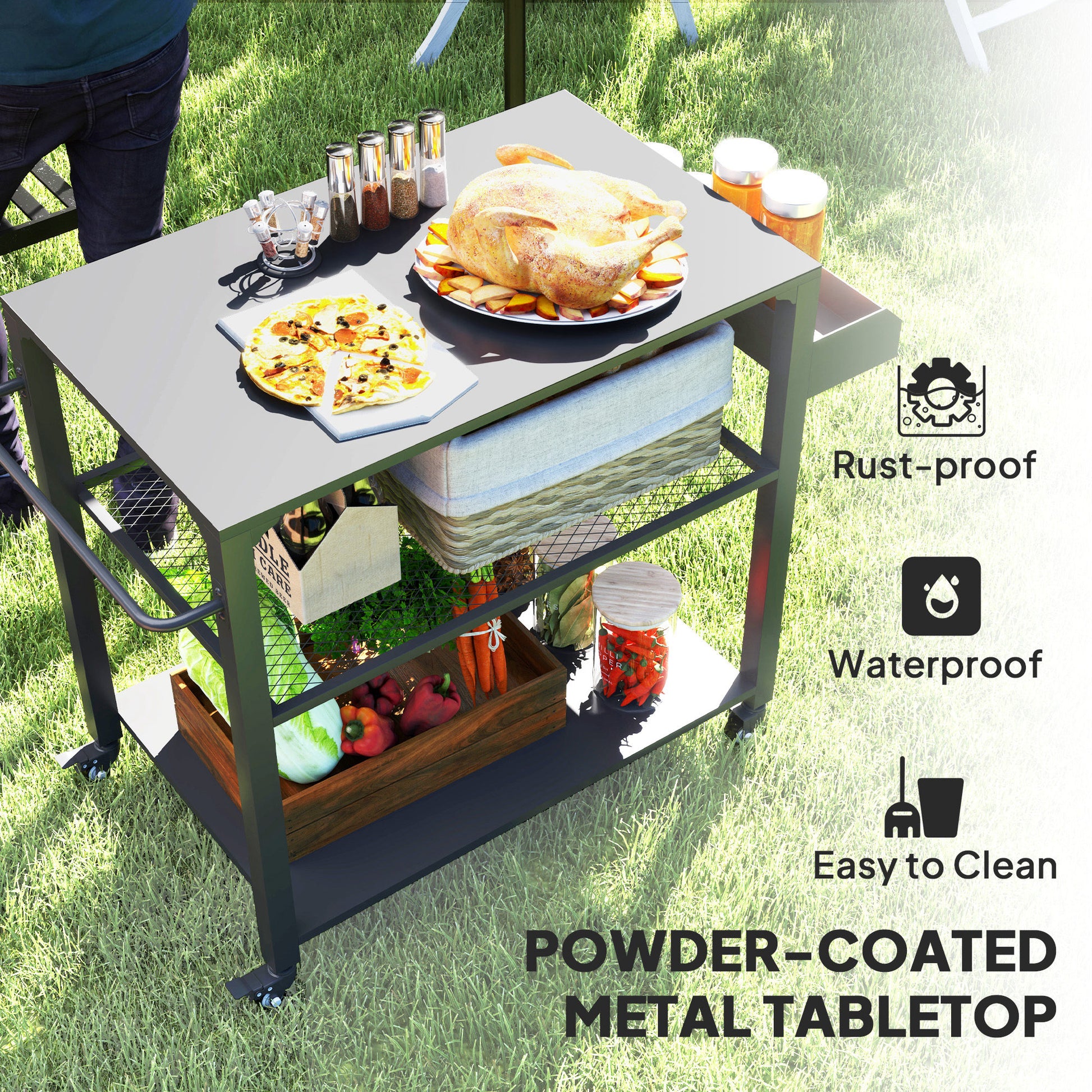 Black 3-tier metal table with flat top, wire middle shelf, and lower storage shelf