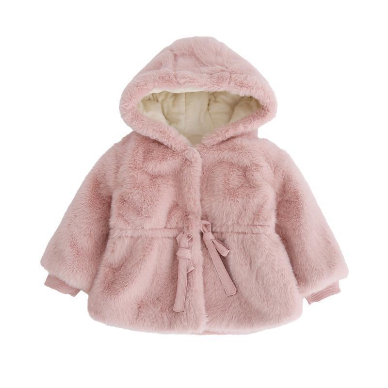 Kids' plush hooded padded wool sweater, light pink, button front with bow ties