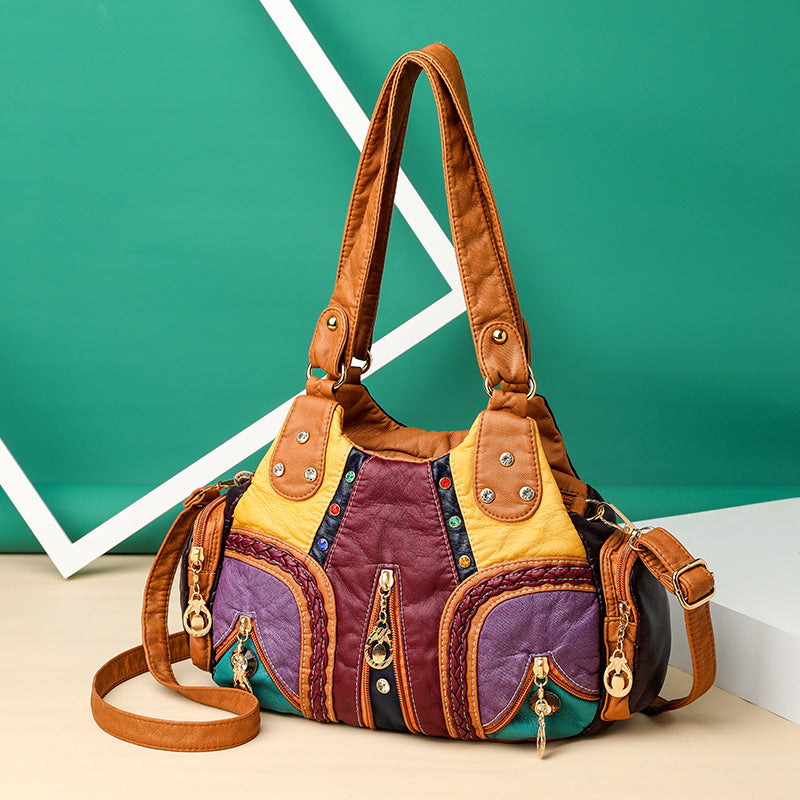 Colored Mosaic Large Capacity Multi-layer Washed Leather Handbag Colored Mosaic Large Capacity Multi-laye | Ectron Online