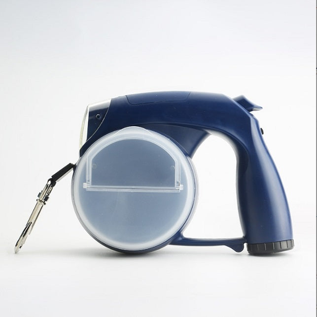 Retractable dog leash and collar with LED unit, navy blue shell, clear poop-bag window