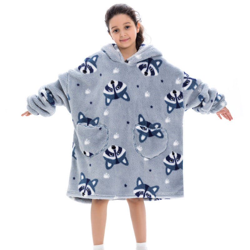 Kids' oversized thermal sweatshirt in light blue with raccoon and star print, hooded