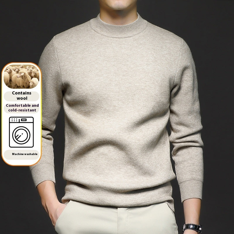 Men's worsted knit sweater, crew neck, long sleeves, light sand