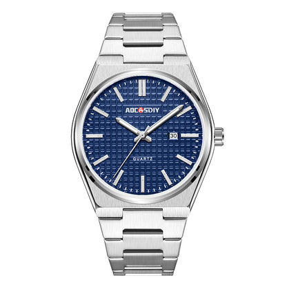 Men's steel strap wristwatch with blue textured dial and silver date window