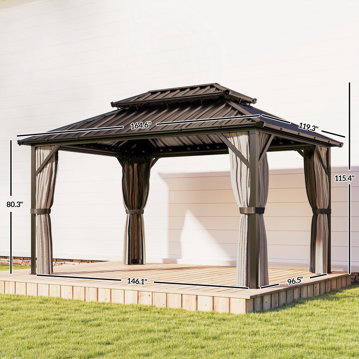 Brown hardtop gazebo with dark roof, gray curtains, and open front on lawn